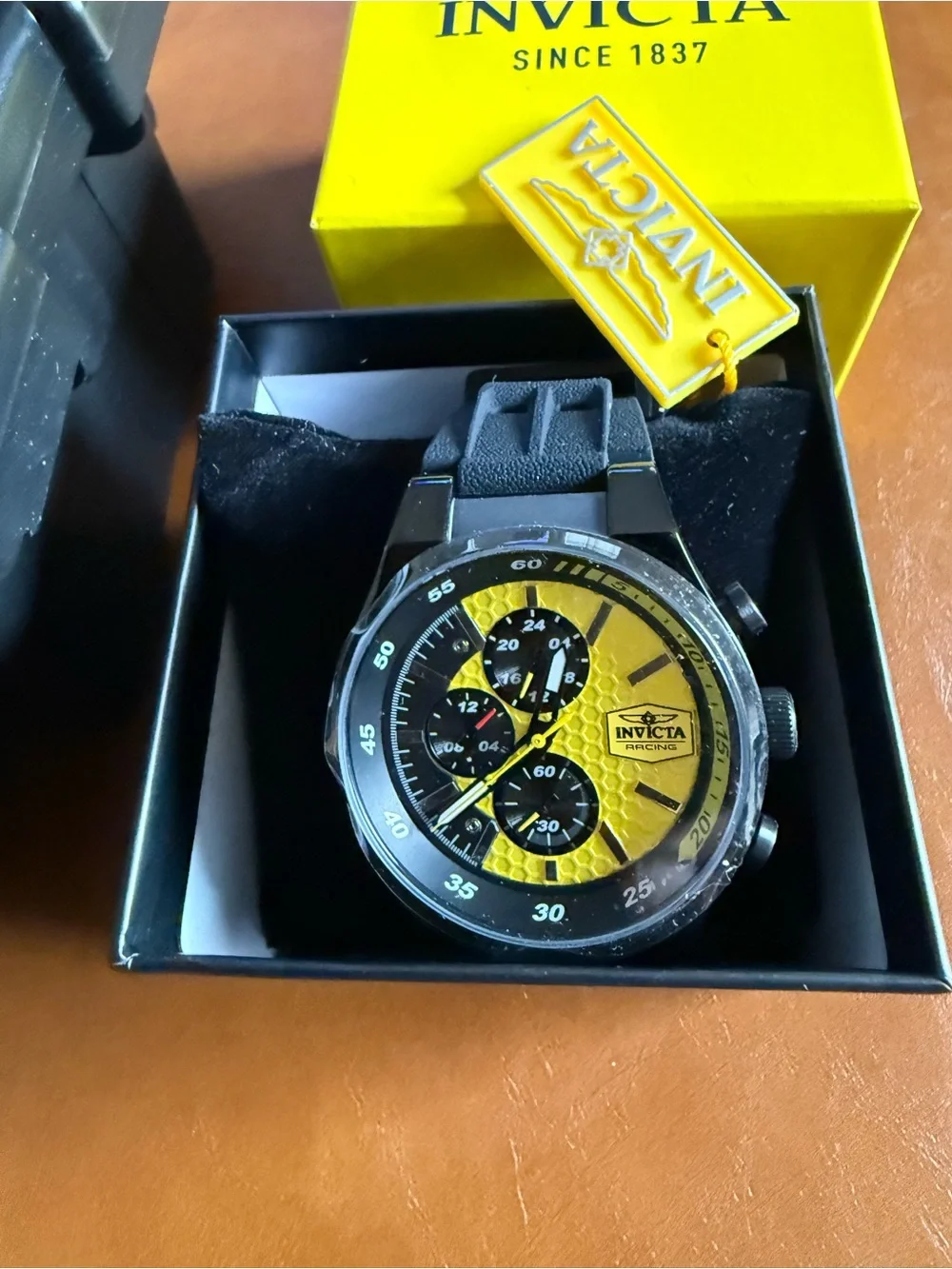 Invicta NIB Champier Black and Yellow Racer Chronograph Watch w Bonus Box